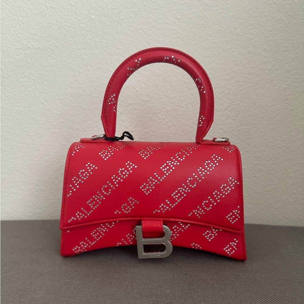 Balenciaga Hourglass Red Leather Crystals-Logo Top Handle Mini Bag, NWT!